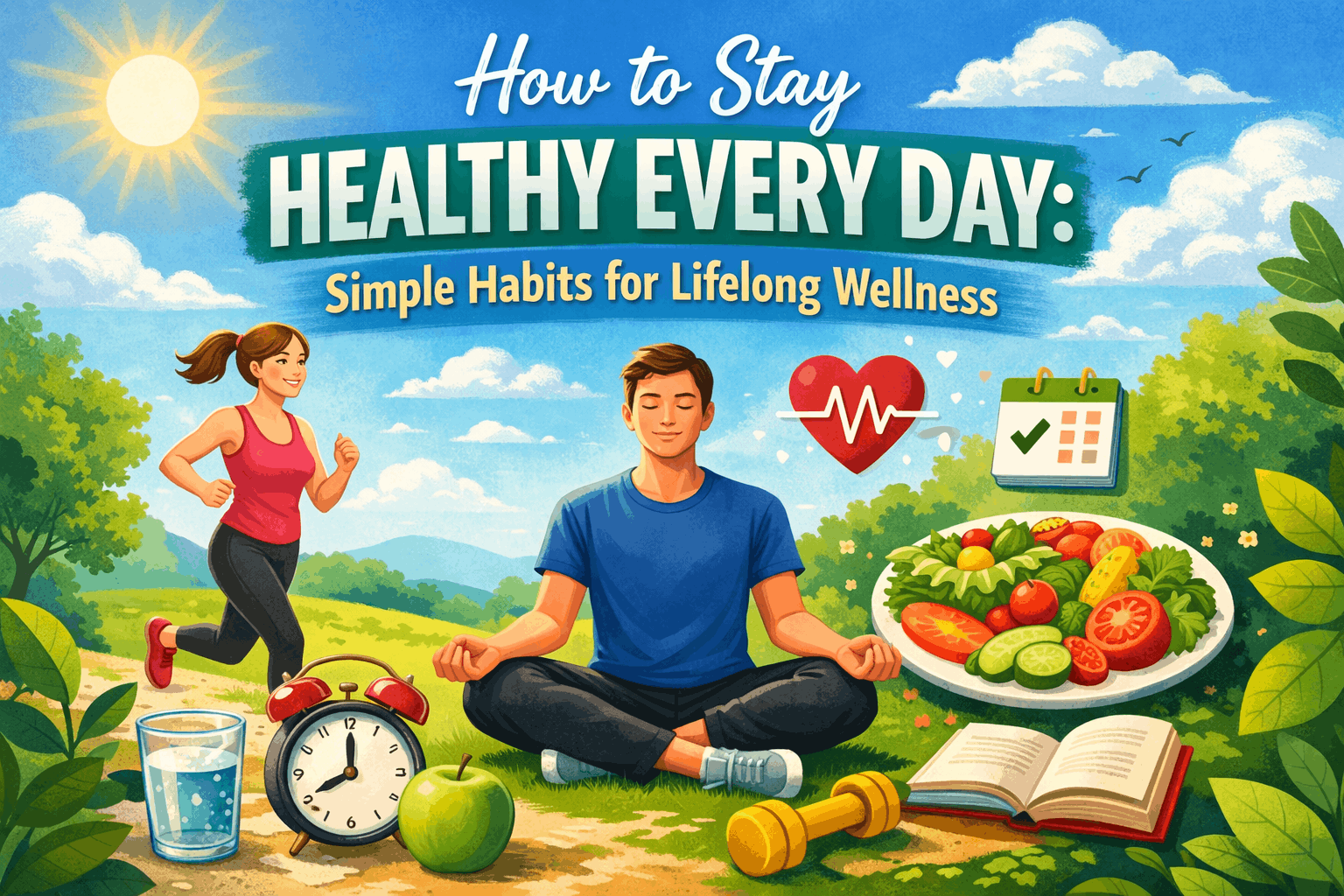 Infographic titled "How to Stay Healthy Every Day" outlining simple habits for lifelong wellness and daily health tips.
