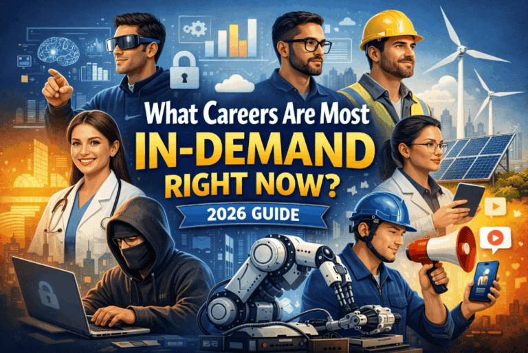 Infographic titled "What Careers Are Most In-Demand Right Now? (2026 Guide)" showcasing trending job sectors and statistics.